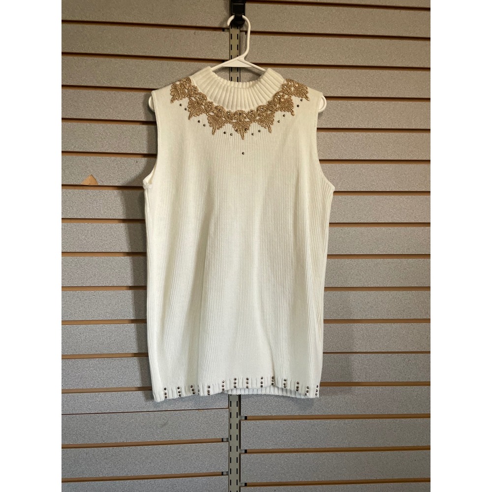Vintage Sleeveless Sweater‎ Top Gold Embellished Mock Neck Studded Trim Knit